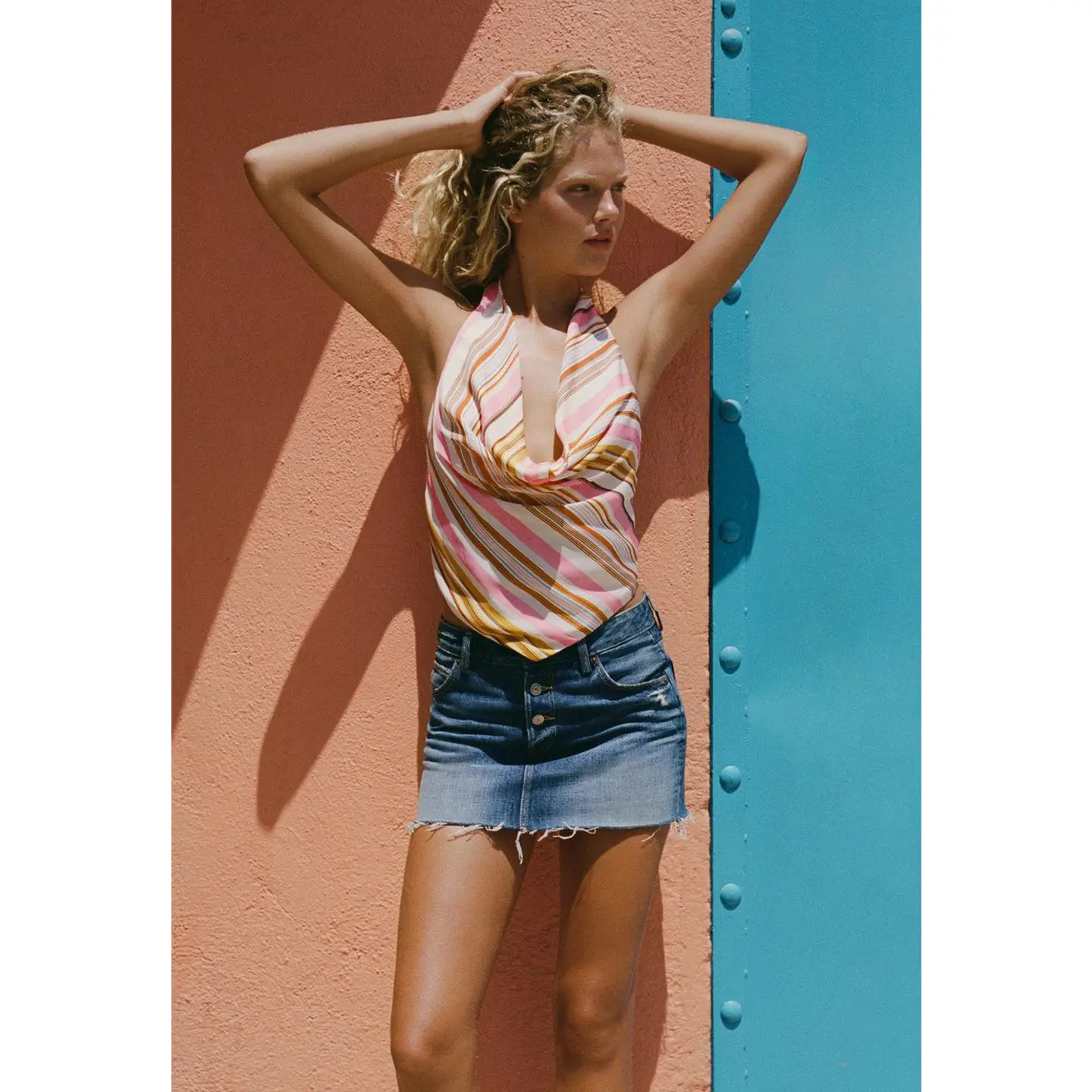 Asymmetric Hem Midi Skirt Color Block Striped Neck Hanging Top Women's Summer Fashion Set without Brand Registered Trademark
