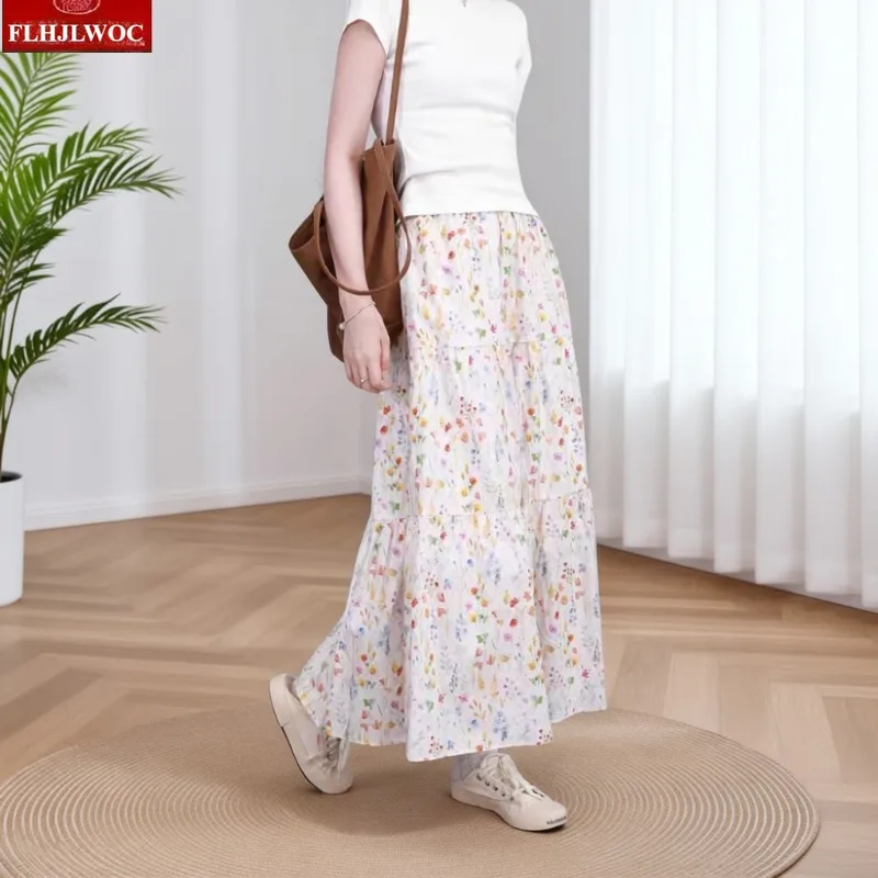 Cotton Skirts Long New FLHJLWOC 2026 Spring Summer Cute Date Girls Preppy Style Flower Floral Print Holiday Retro A Line Skirt