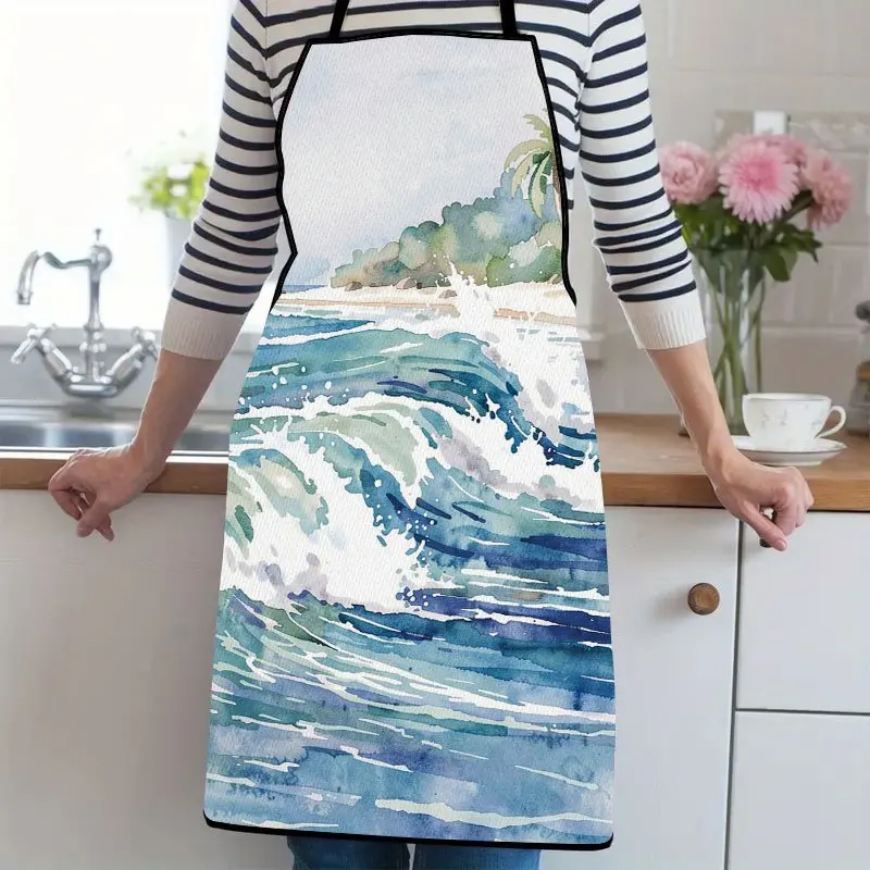 1pc, Watercolor Tropical Beach Suitable For Ladies And Gentlemen A Kitchen Cooking Apron That Is Essential For Household Chores