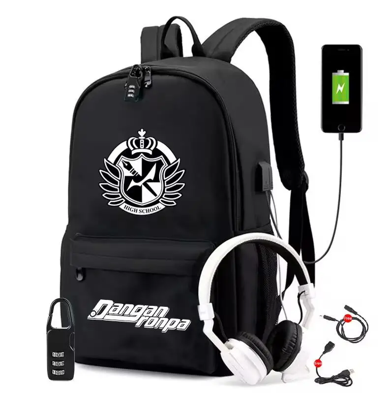 Anime Danganronpa Black White Bear USB Backpack Bag Travel School Students BookBag Mochila With Free Lock