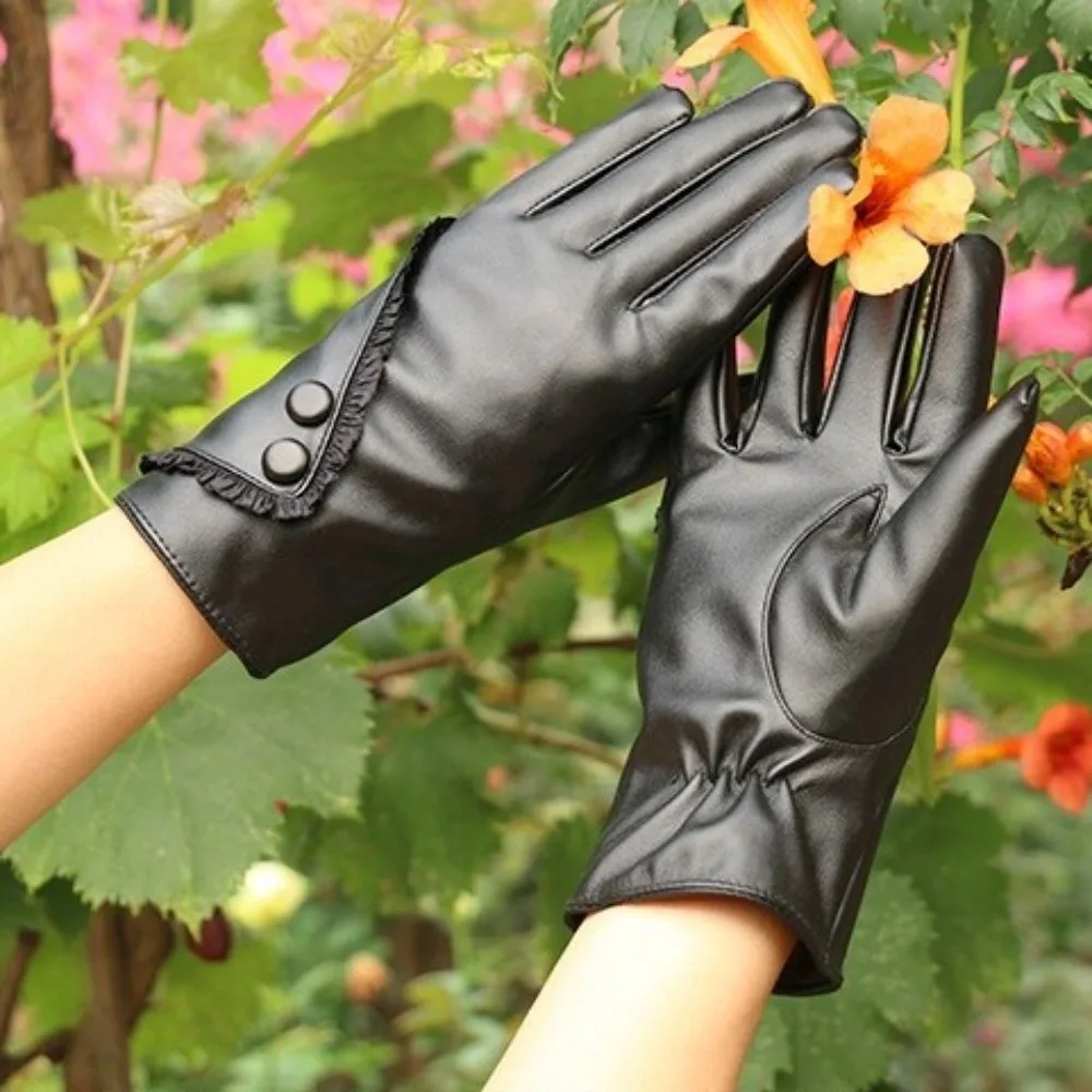 Fashion Winter Warm Touchscreen Gloves Thermal Lined PU Leather Lace-trimmed Gloves Windproof Black Outdoor Cycling Gloves