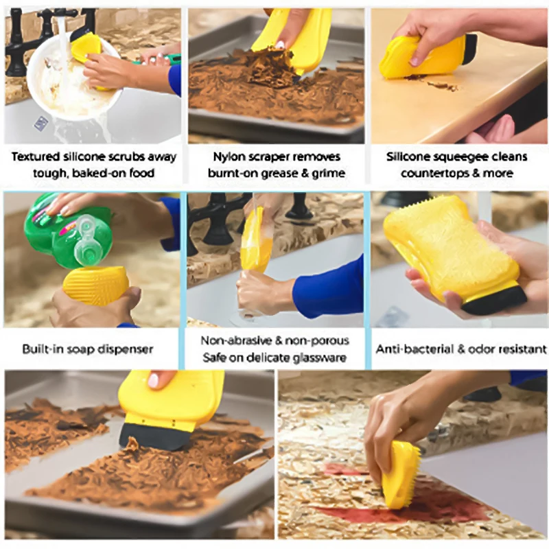Pan Dish Bowl Kitchen Cleaning Tool Sponge Brush Silicone Dish Bowl Cleaning Brush Washing Sponge Scraper with Soap Dispenserr