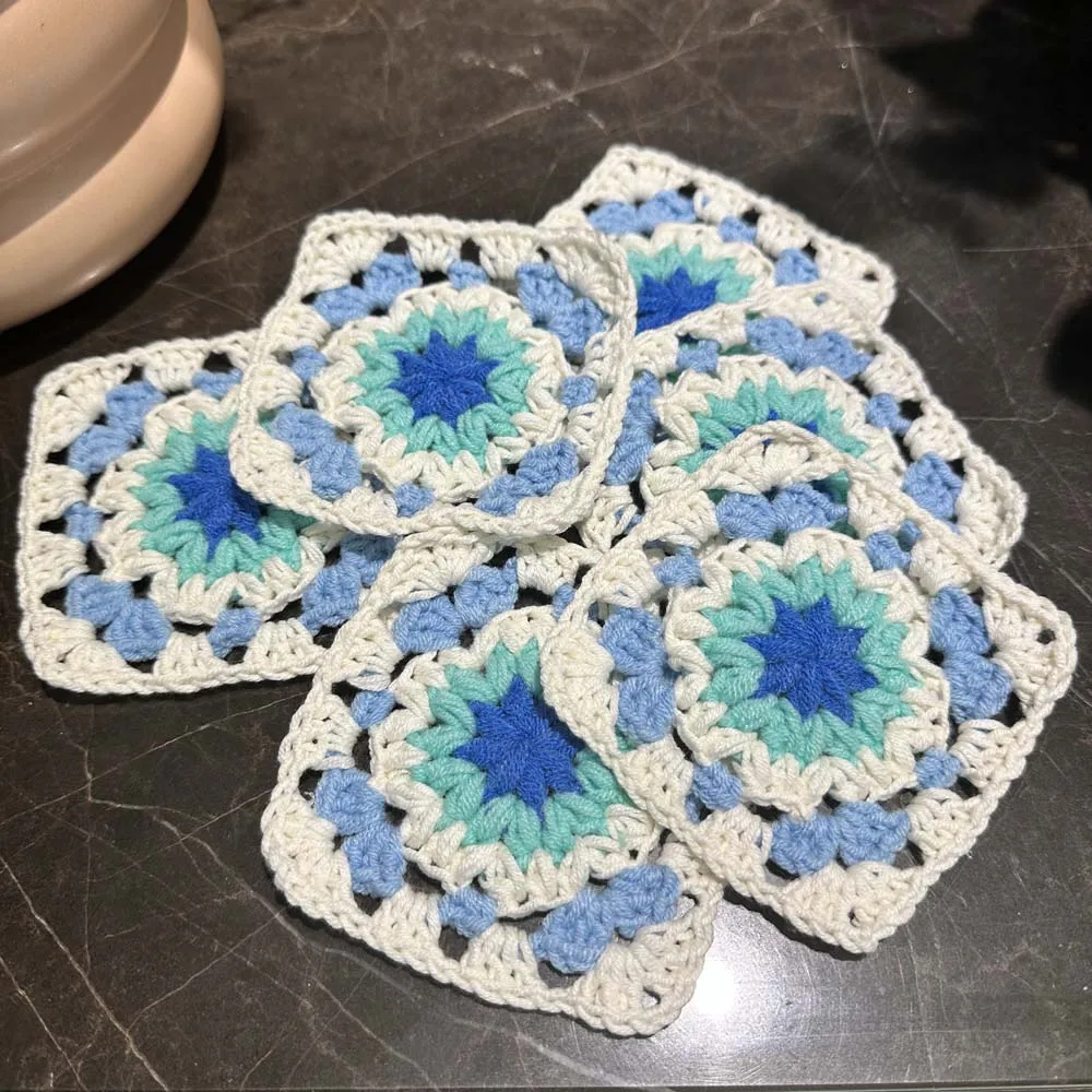 Nordic Crochet Multicolor Doilies Flowers Coasters Square10CM Hand Hook Knitted Dinnerware Disc Table Mat Christmas Party 30pcs