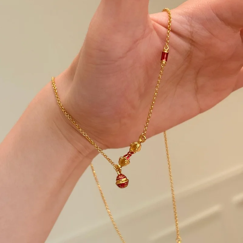 

Antique gold crafts ethnic style fashion sense Red enamel necklace exquisite and retro Round beads collar chain banquet jewelry
