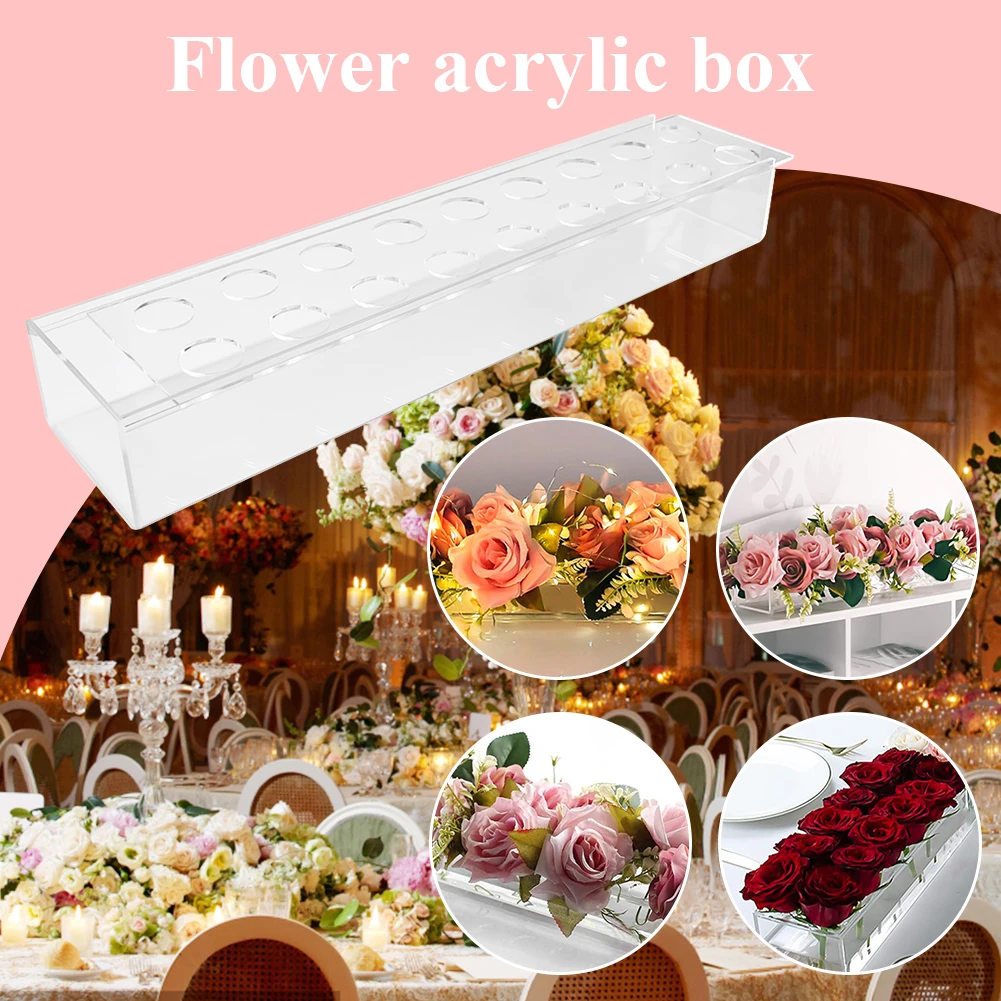 Transparent Clear Acrylic Long Flower Vase Rectangular Vase for Dining Table Party Wedding Decoration Rose Gift Box with Light