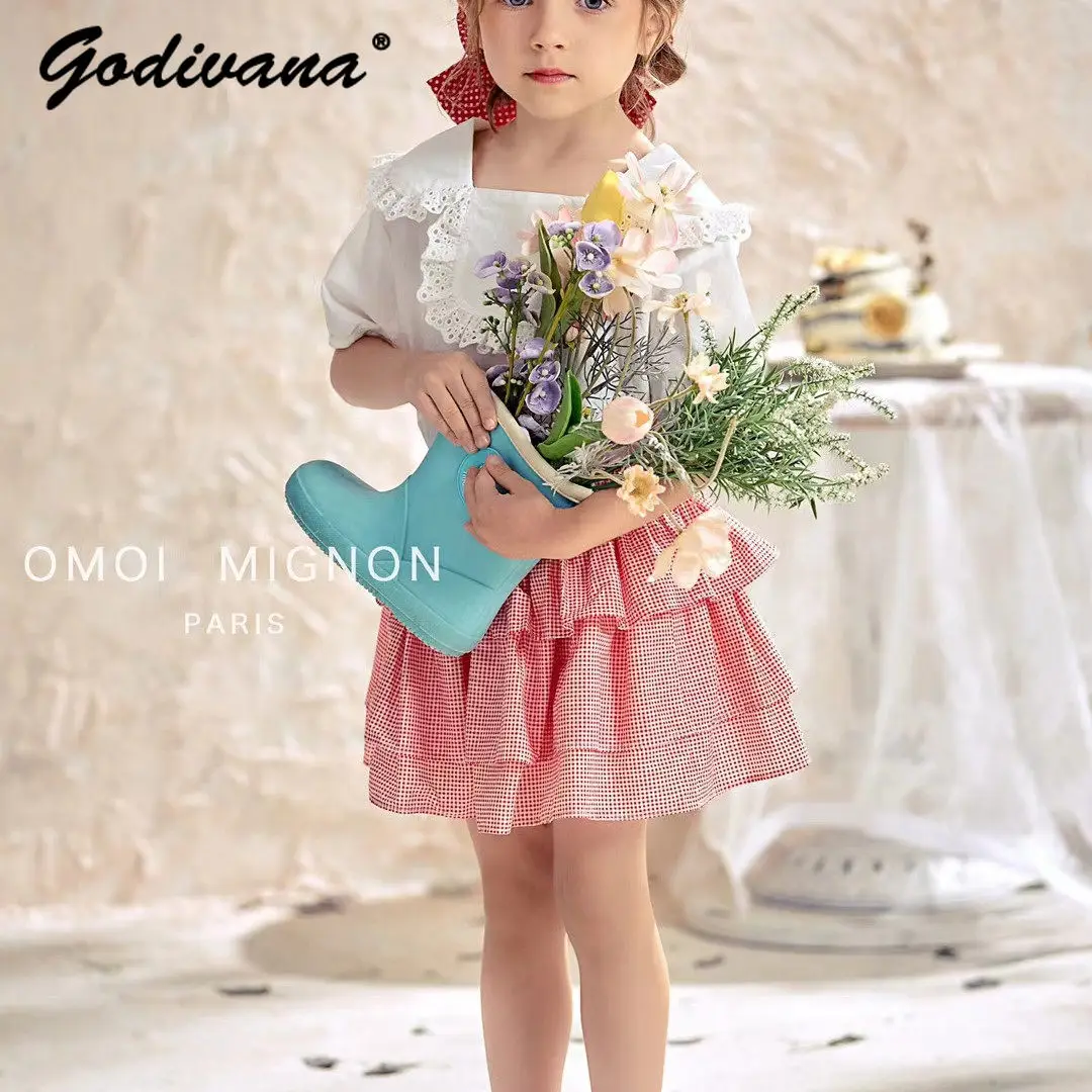 Sweet Baby Girls French High End Summer New Pure Cotton White Lace Trim Short Sleeve Blouse and Red Plaid Tutu Skirt 2pcs Set