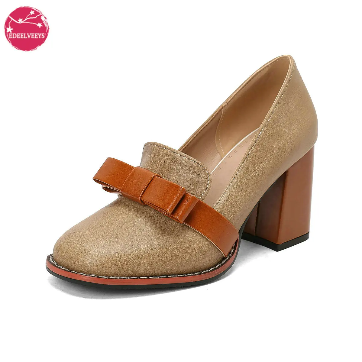 

Women's Round Toe Bow Slip On Loafers Pumps Two Toned Chunky Block High Heels Office Dress Shoes Plus Big Size 33-48