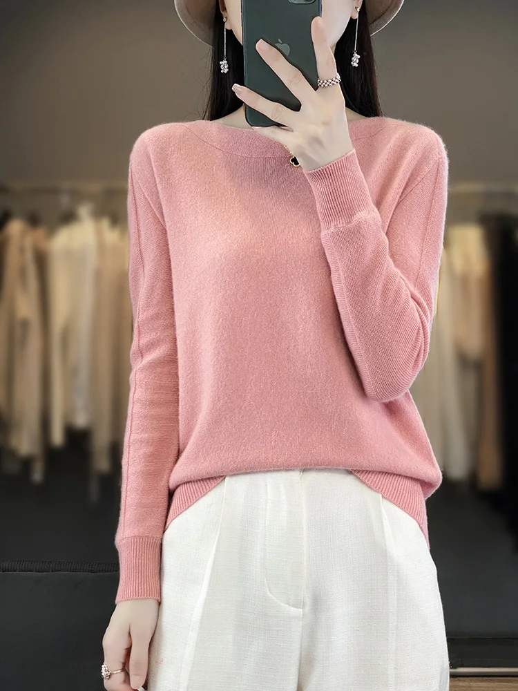 

Women's Slash Neck Cashmere Sweater 100% Merino Wool Pullover Fashion Long Sleeve Knitted Autumn Winter Female Clothing Tops