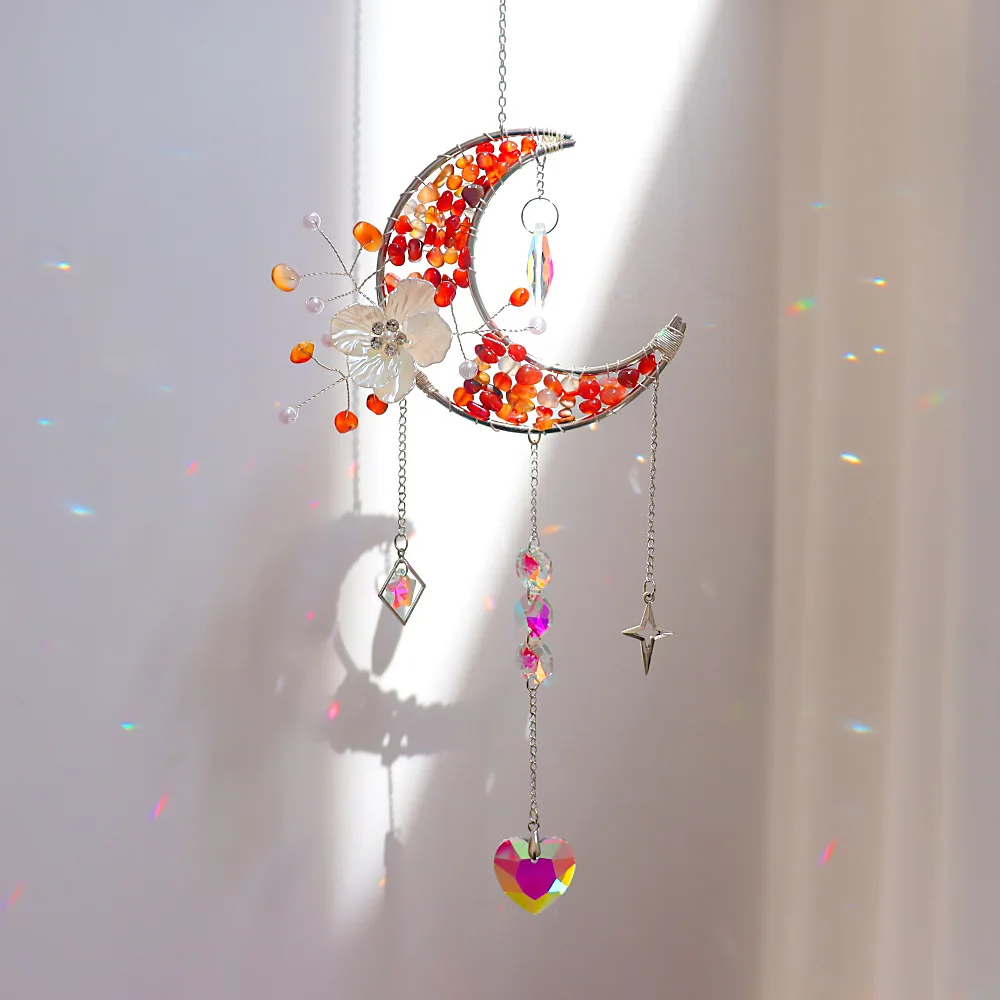 Custom Red Agate Chip Stone Moon Sun Catcher - Crystal Flower & Faceted Heart Pendant Hanging Ornament for Window Decor