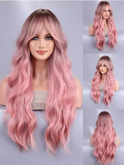 Long wavy black and pink role-playing wig, heat-resistant synthetic wig, center point natural Lolita women's wig