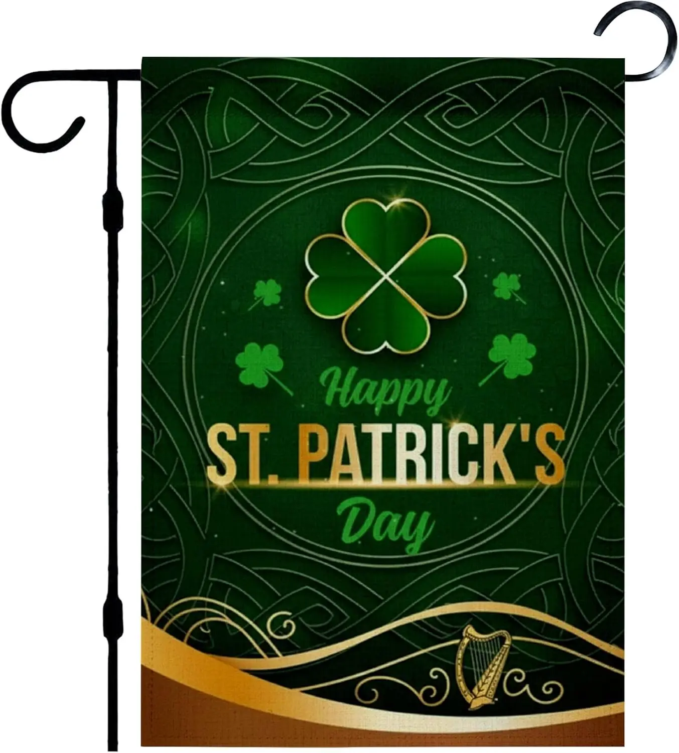 St Patricks Garden Flags for Outside 12x18 Inch Four-Leaf Clover Celtic Harp Elegant Burlap Garden Flags Seasonal Yard Flag  ZZM