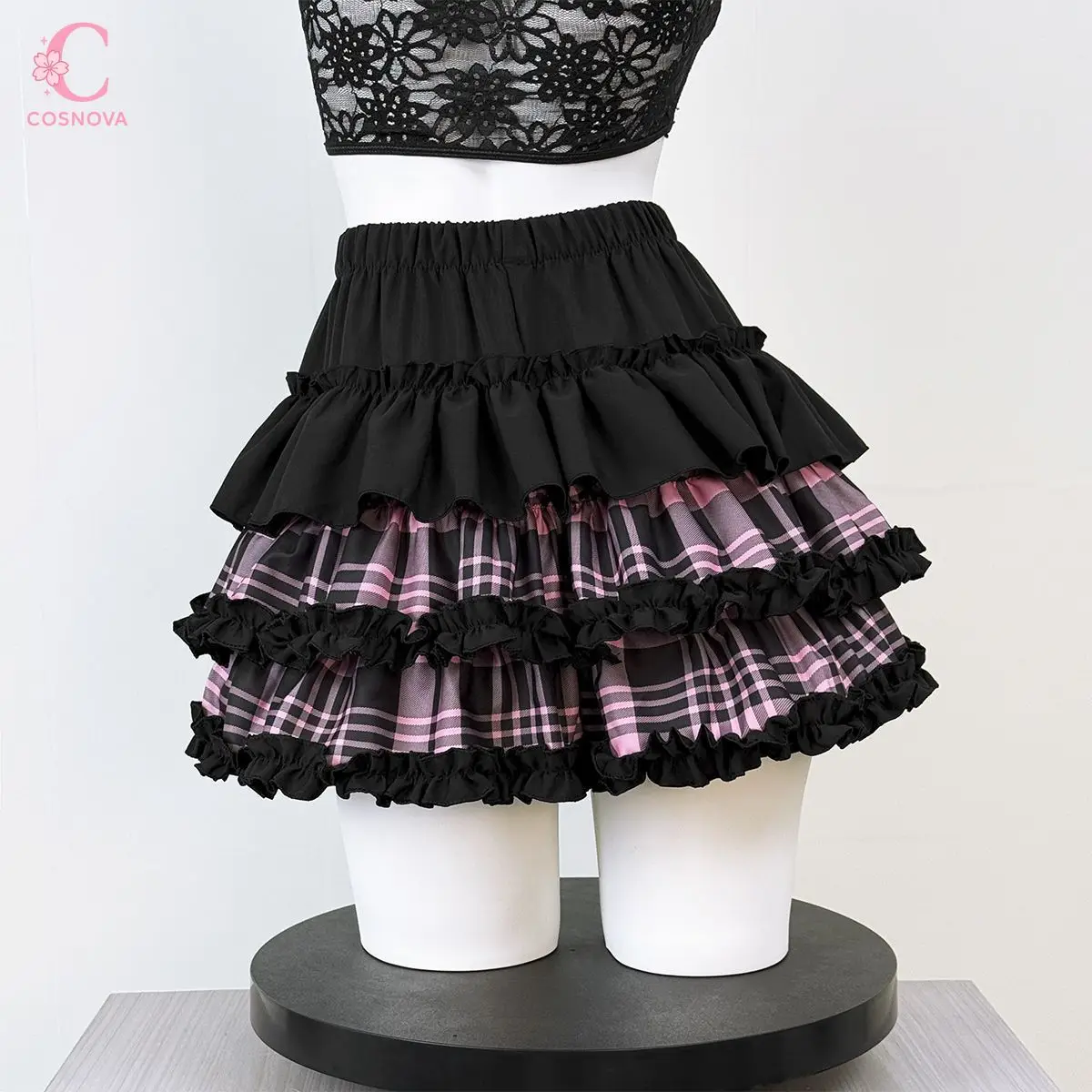 

2026 Sweet Preppy High Waist Elastic Waist Anti Slip Plaid Ruffle Layered Skirt Women Cake A Line Mini Skirt Female Daily Chic