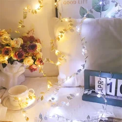1PC 2M/5M/10M Golden Tiny Leaves Fairy Light Battery Powerd Led Copper Wire String Lights For Wedding Home Party DIY Xmas Decor