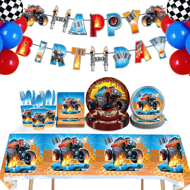 Blaze Monster Balloons Cartoon Car Happy Birthday Banner Party Decorations Machines Racing Racecar SUV Cake Cupcake Toppers Toys