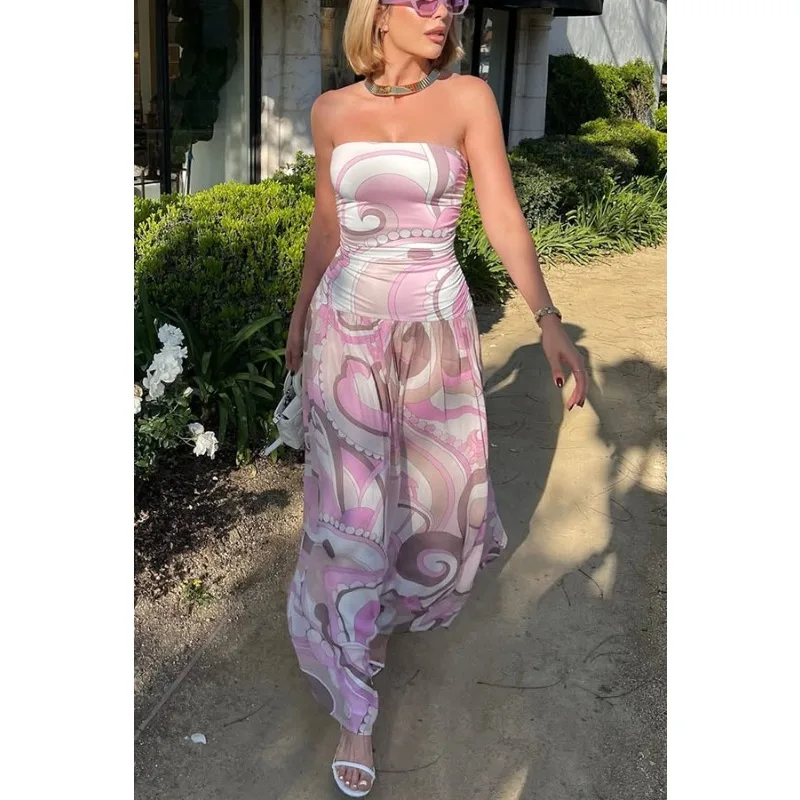 우아한 여성 코르셋 주름 튜브 드레스 섹시한 셀럽 프린트 오프숄더 백리스 보헤미안 휴가 비치 게스트 파티 드레스