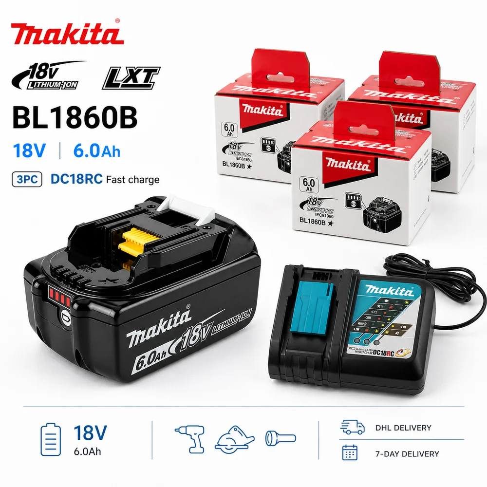 Original Makita BL1860B 6,0Ah 18V Li-Ionen-Akku für 18V LXT, BL1815, BL1815N, BL1820, BL1830B, BL1840, BL1850B, BL1860 Codes, kompatibel mit BDF453SHE, nur Akku oder mit Ladegerät erhältlich, BDF454Z,
