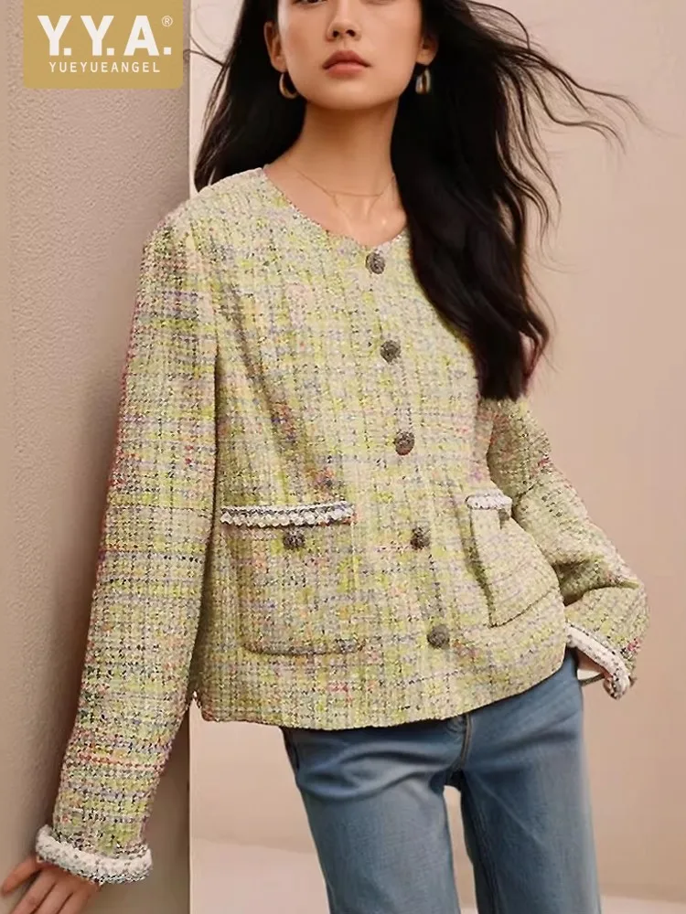 Lady Elegant Design Fashion Single Breasted Jacket French Style Women O Neck Casual Outewear Long Sleeve Coat Short Cardigan