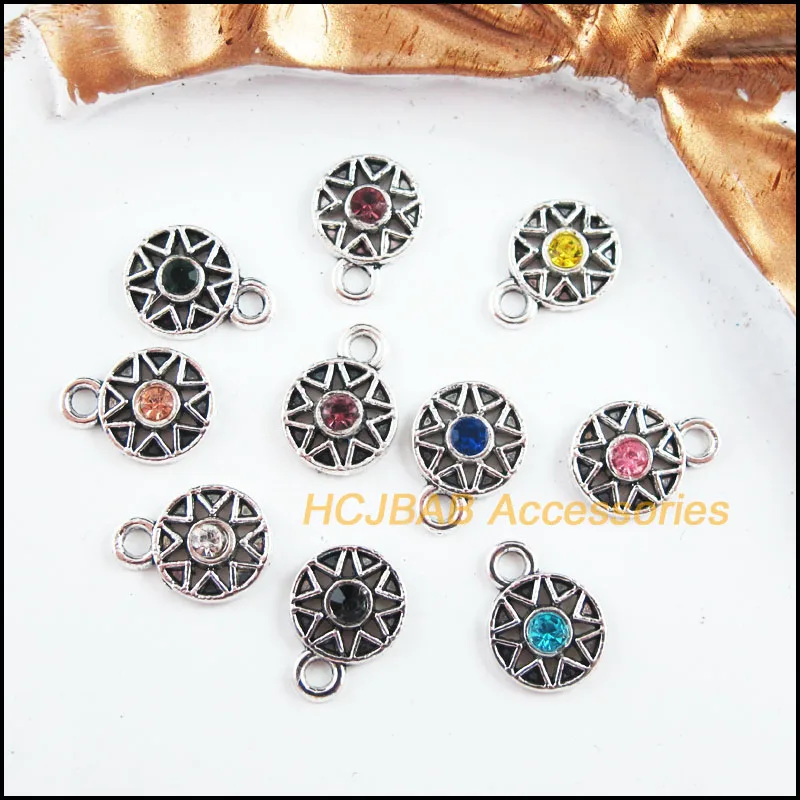 Fashion 30Pcs Tibetan Silver Plated Retro Sun Mixed Crystal Charms Pendants 8x11mm