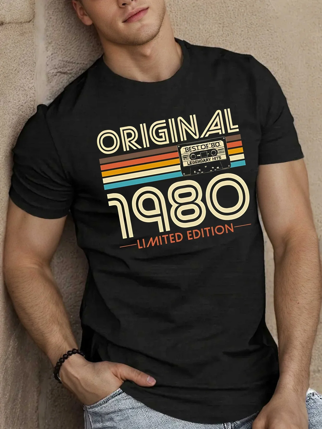 Men's Retro 1980 Limited Edition Pattern T-shirt - Casual Short Sleeve Summer  with Colorful Stripes and Bold Text Retro T-shirt