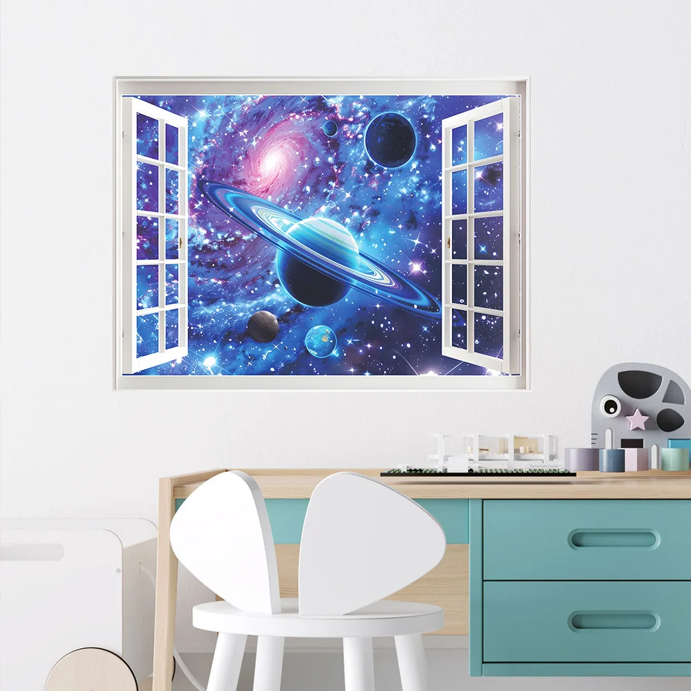 Cosmic Planet Fake Window Wall Stickers Galaxy Star Landscape Wallpaper for Living Room Bedroom Home Decoration Art Vinyl Mural