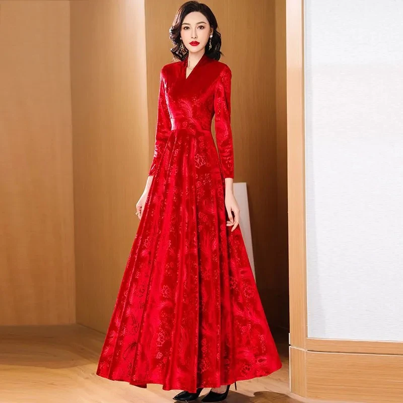 

Long Sleeve Jacquard Velvet Dresses Women's 2024 Spring Autumn New Slim V Collar Oversize 4XL Chic Large Pendulum Long Dress