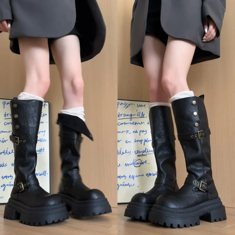 

Vintage Belt Buckle Long Boots for Women 2025 New Autumn Thick-Soled Versatile Height-Increasing Boots Two-Way Wear Riding Boots