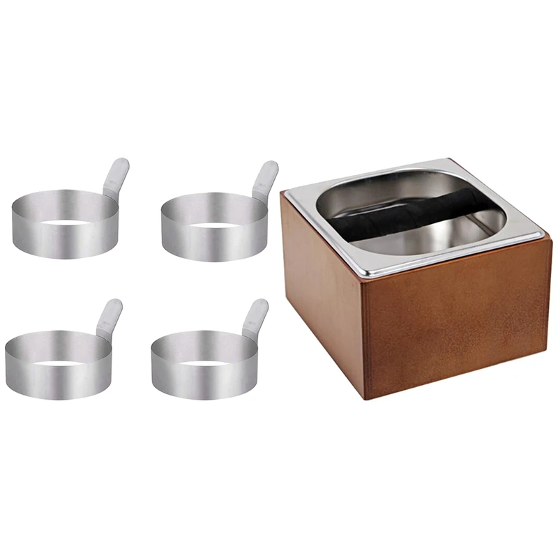 

4 Pcs Egg Frying Rings Stainless Steel Omelette Model With Handle S & 1 Pcs Wood Coffee Grounds Container Box