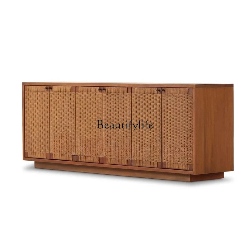 

French retro solid wood rope weaving antique style living room decoration storage storage TV cabinet
