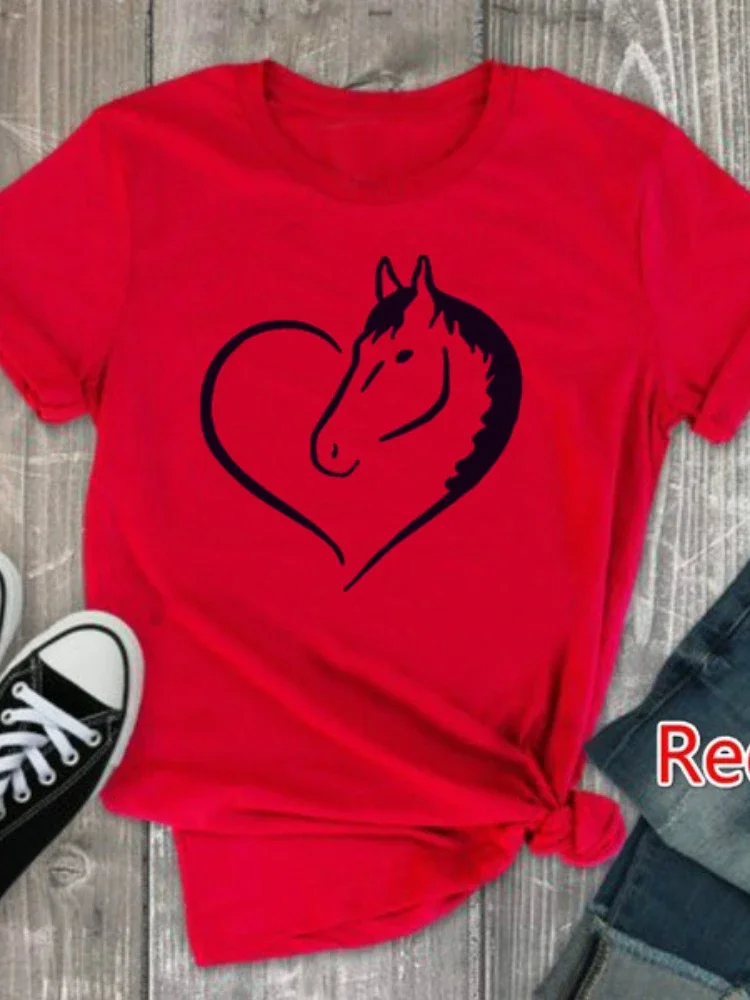 Horse Shape Heart Print Yellow T Shirt Women Short Sleeve O Neck Loose Women Tshirt Ladies Summer Fashion Tee Shirt Tops Clothes