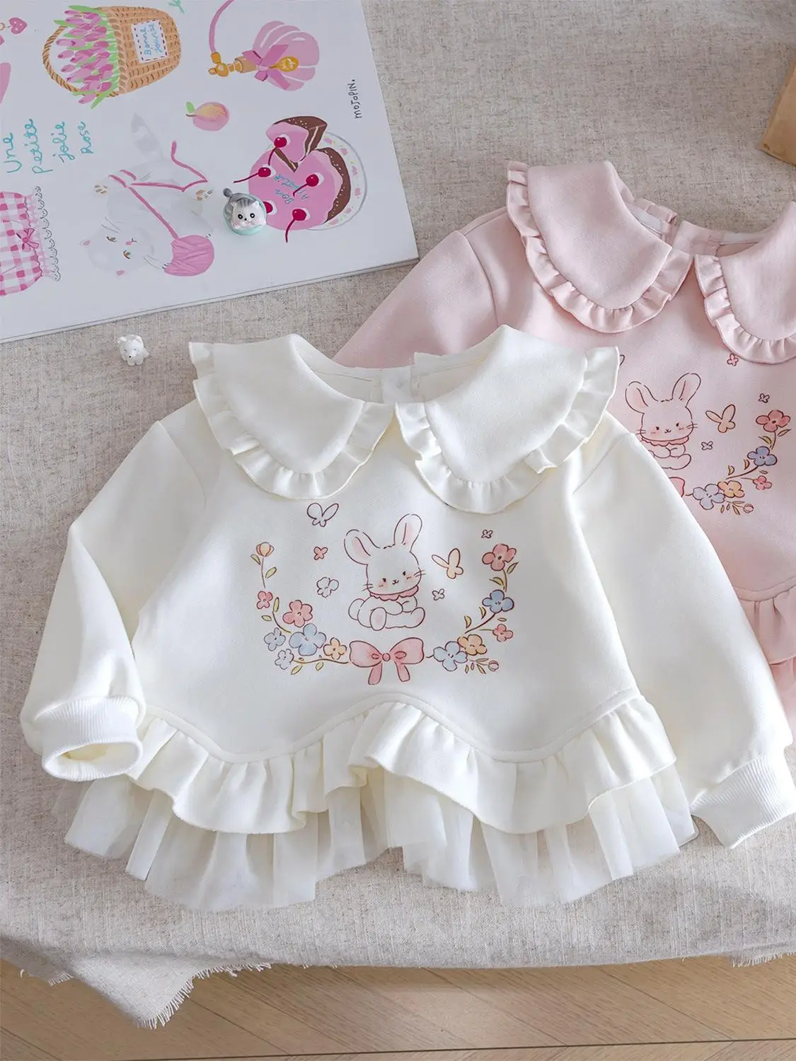 

Длинный свитшот Princ Sle для девочек, осень 2024, новый модный детский топ из тюля с мультяшным принтом и отложным воротником