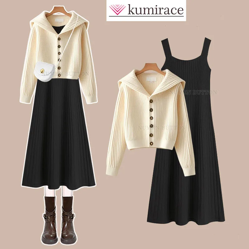 

Large size late autumn set, women's age reducing knitted sweater paired with vintage slimming chic dress two-piece set