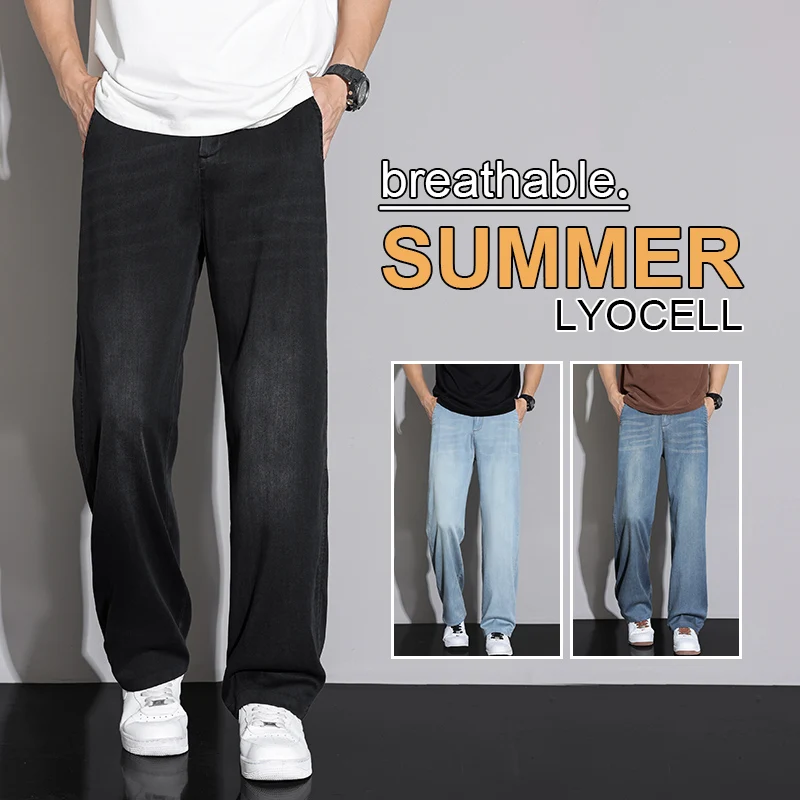 Jeans in denim dritto allentato Lyocell sottile da uomo 2025 Pantaloni casual traspiranti comodi in vita elasticizzata autunno estate Plus Size 38
