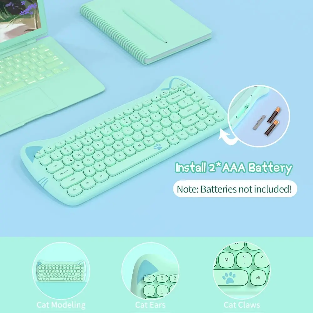 84 Key Cute Bluetooth Keyboard, Portable Thin Wireless Keyboard with Colorful Round Keycap Kawaii Cat Ears Design with Android