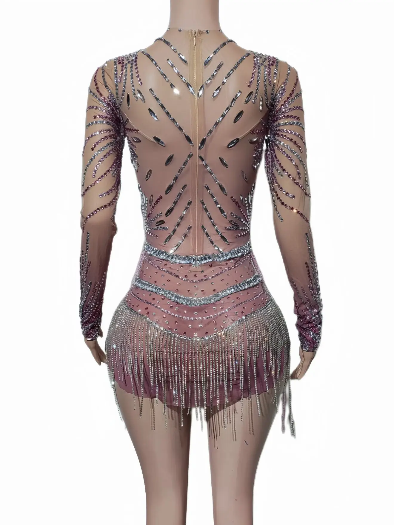 Feilinfen Green Print Mesh Fringe Dress One Long Sleeve High Neck Tassel Rhinestone Latin Dance Competition Stage Outfit view 6