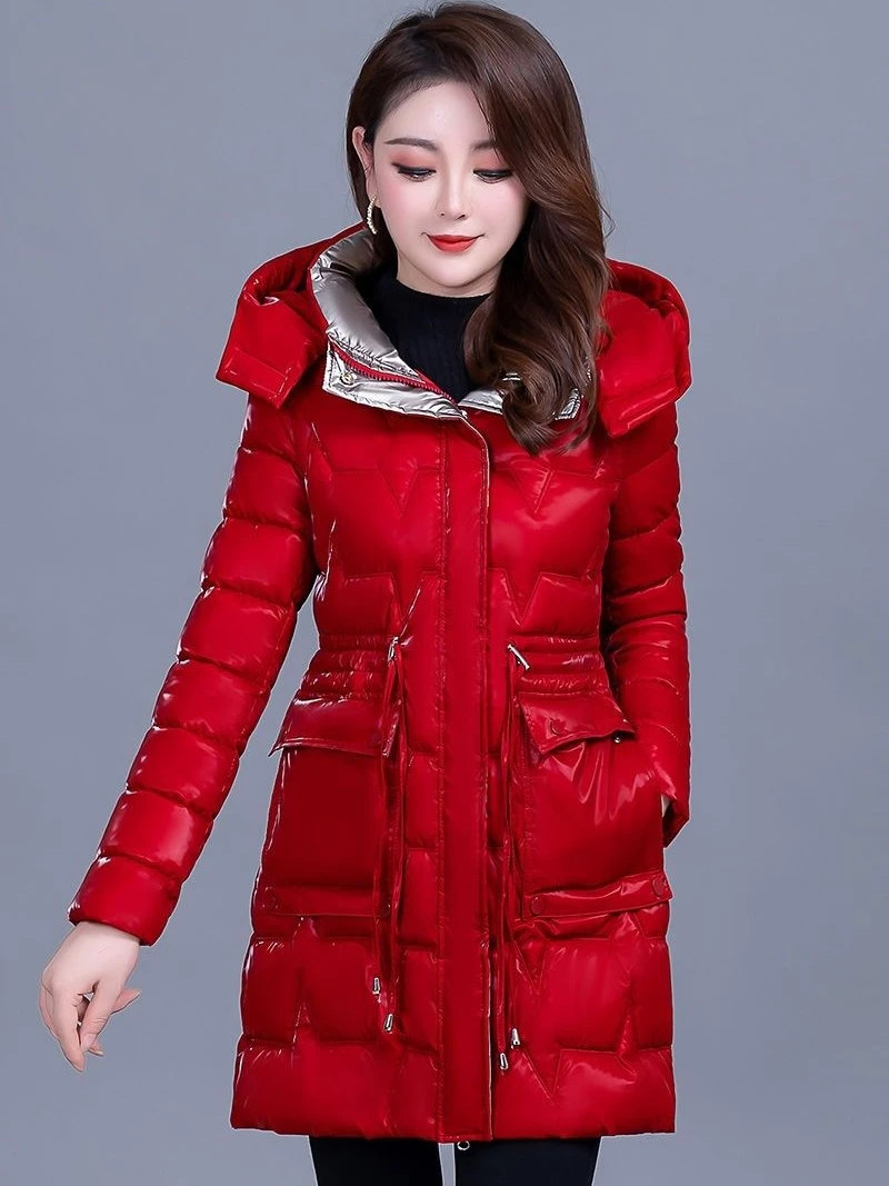 

Женская утепленная хлопковая куртка средней длины Ele: модное приталенное зимнее пальто с жемчужным отливом, высококачественная хлопковая одежда