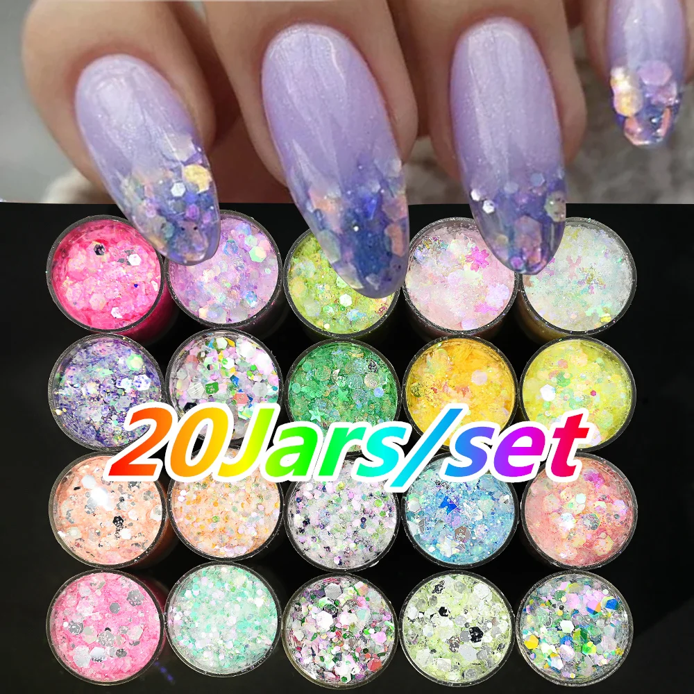 Net-5g*20Jars/SET Holographic Chunky Glitter 20-Colors Shinying Hexagon Nail Flakes Mixed-Size Laser Glitter Nail Sequins Kit