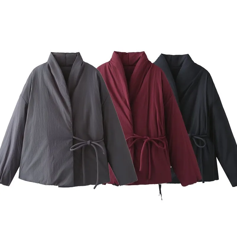 

Kimono Collar Wrap Cotton Padded Jacket Self Tie Waist Belt Loose Long Sleeve Solid 3 Color Women Warm Short Coat 260602