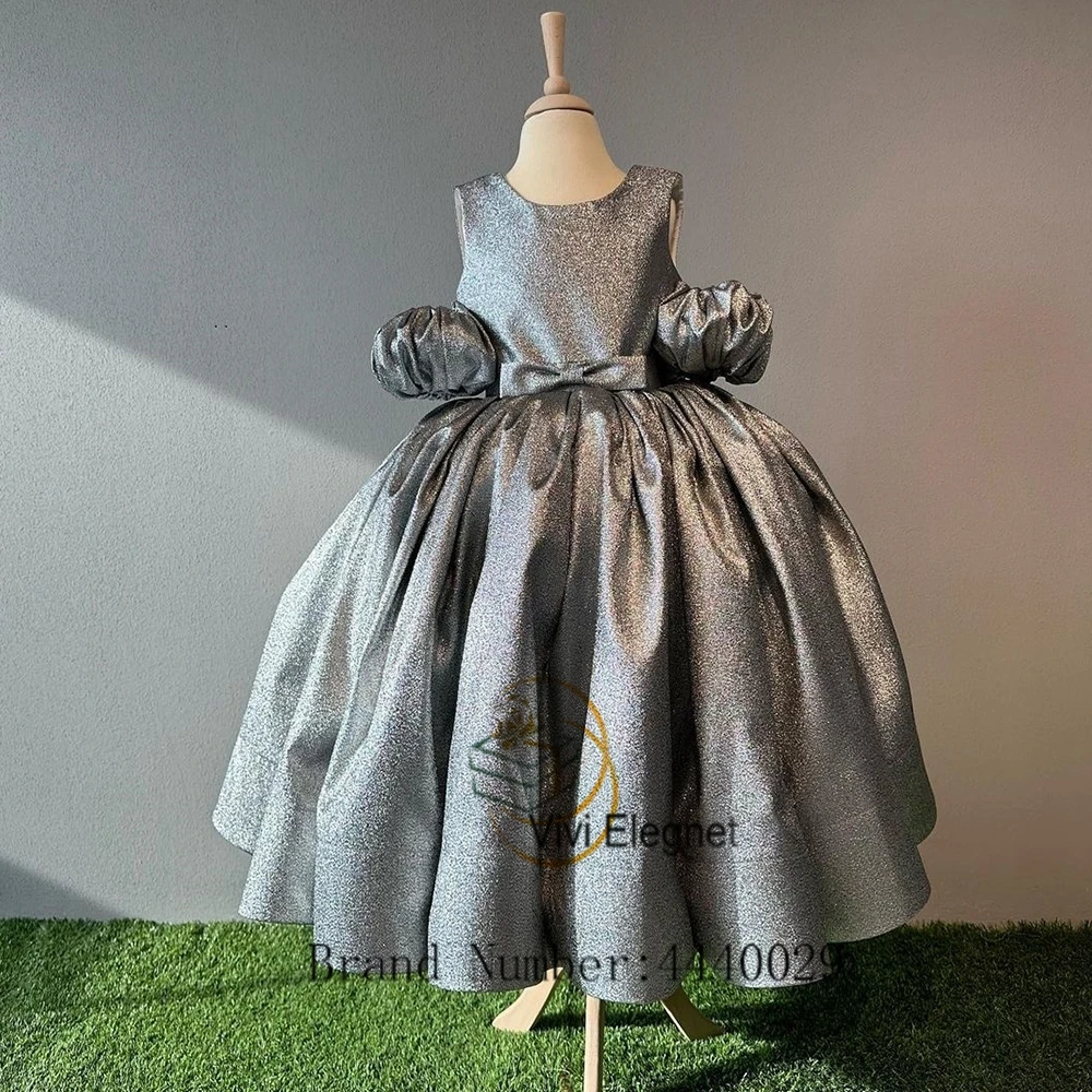 Scoop Flower Girl Dresses Silver Real Picture Glitter lunghezza alla caviglia senza maniche abiti da festa di nozze 2023 Bow muslimah pyromundelochin biglietti da visita