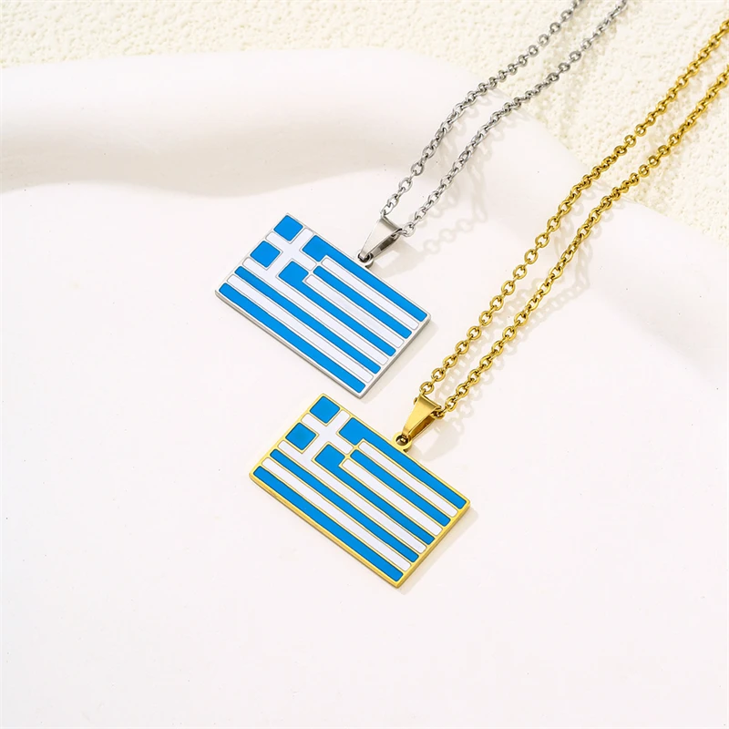 Drop Oil Greece Flag Pendant Necklace For Women Greek Gold Silver Color Stainless Steel Jewelry Ethnic Party Birthday Gifts