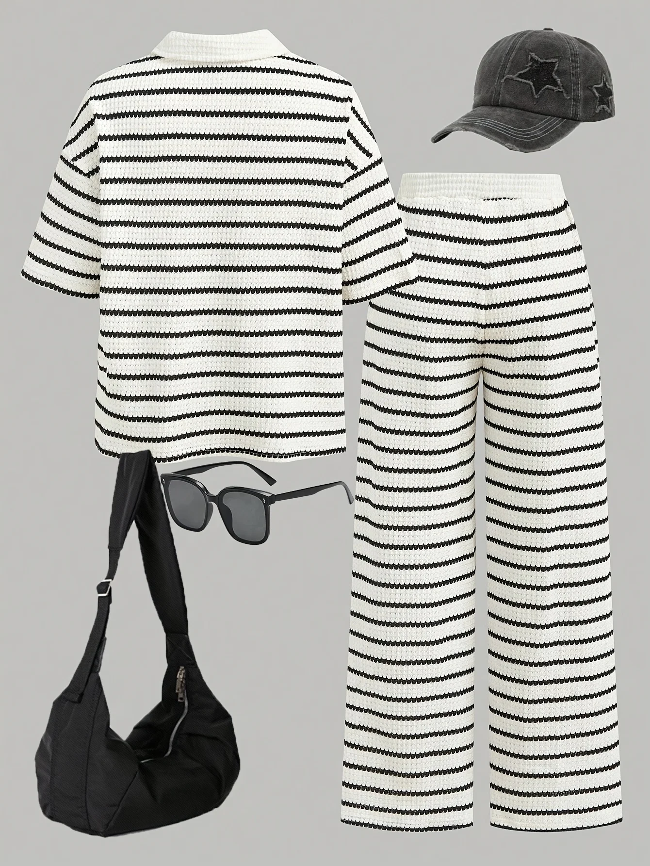 Girls' Summer and Autumn Casual Outfit Set: Girls' Collared Short-Sleeve Top and Elastic Wide-Leg Pants Two-Piece Set, Children's Striped Outfit Suitable for 7-13 Year Old Kids, Casual Versatile Clothing