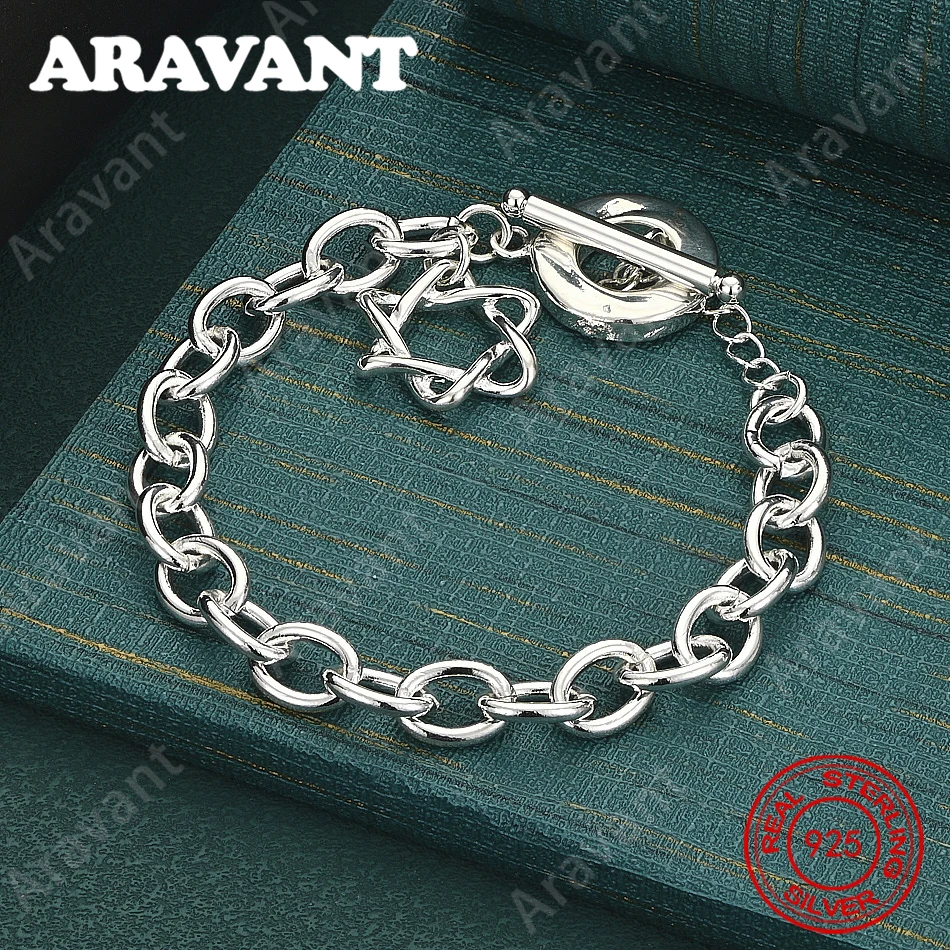 925 Sterling Silver Hexagram Bracelet With Ot Clasp Pendant, Exquisite And Cute Women'S Jewelry For Weddings And Parties