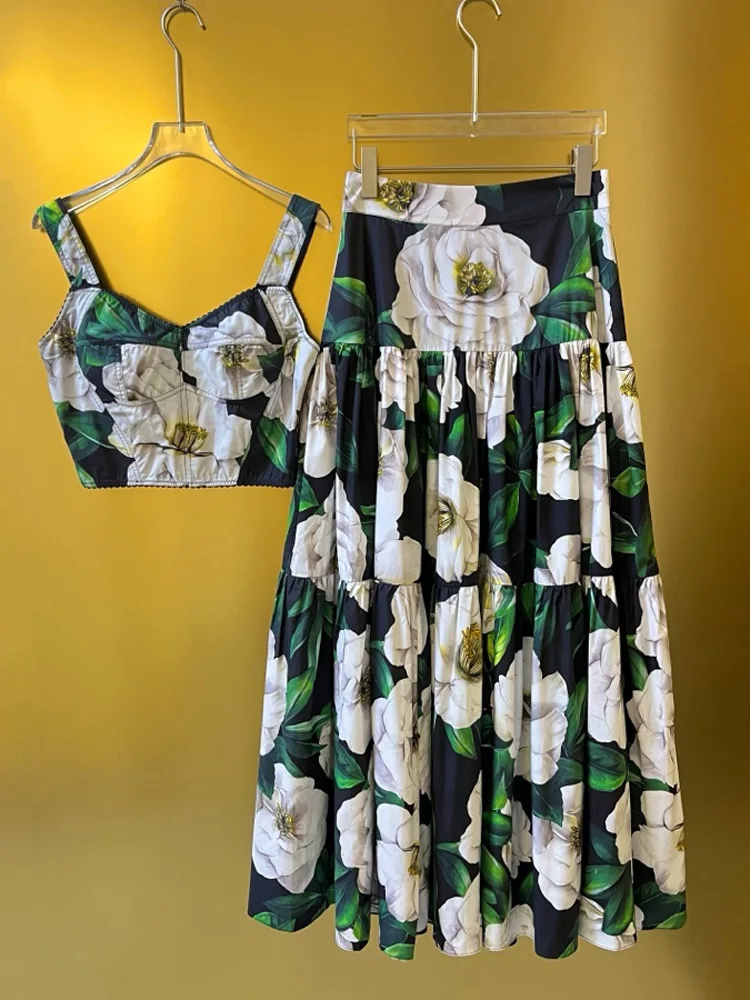 Luxury Designer Summer Women 2 Piece Set - Starfish Shell Printed Cotton Crop Top & Maxi Skirt | High Quality Beachwear 2025