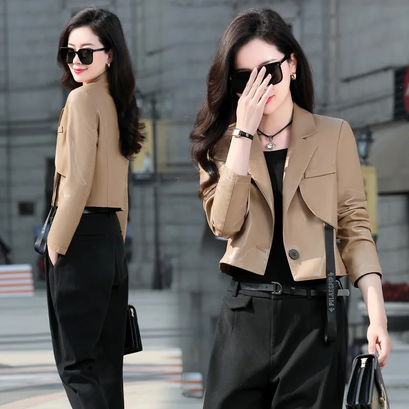 

Black Leather Jacket Women's Clothes 2025 Spring Autumn New One Button Spliced Lapels Motorcycle Short PU Leathers Coat Female