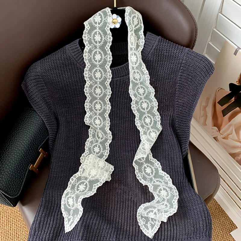 2025 neue Ins Vintage weiße Spitze lange Seidenschal Damen vielseitige dekorative Y2k schmale Haargürtel Gürtel Premium Spice Girl Schal – Detail 1