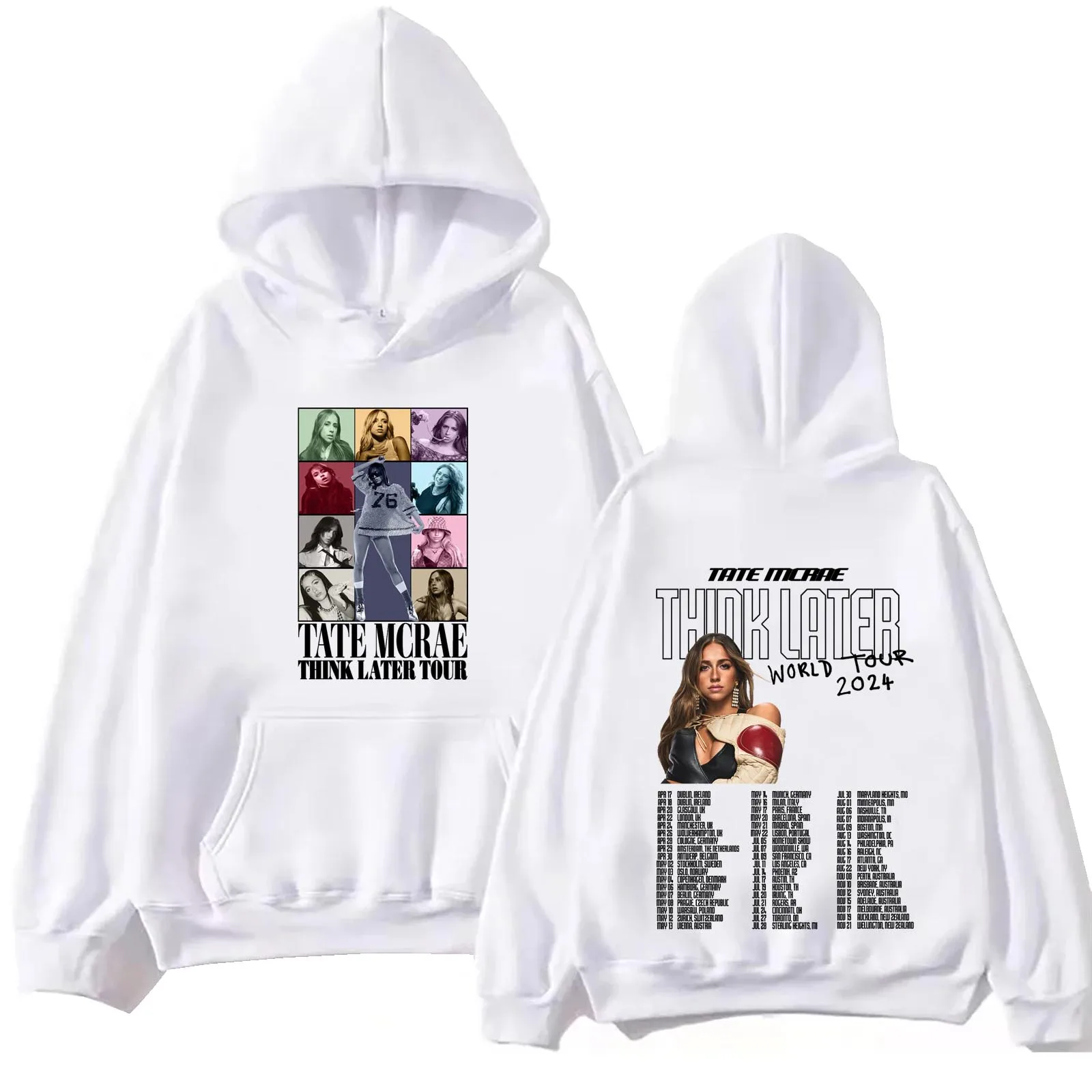 Sudadera con capucha de la gira mundial de Tate Mcrae Think Later 2024, Tops de primavera y verano, sudadera Regular de manga larga, regalo para fanáticos de la música, estampado