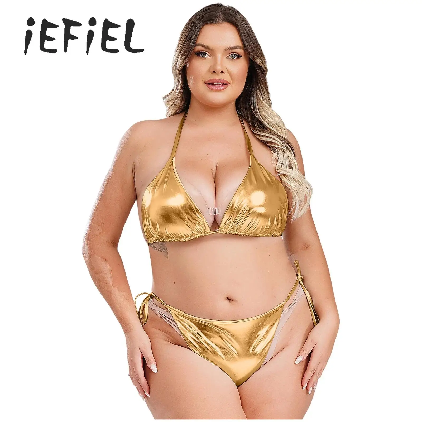 

Womens Shiny Metallic Tankini Swimsuit Two Pieces Bikini Swimwear Hater Tie-up Triangle Bra and Bottom Briefs Bathing Suit