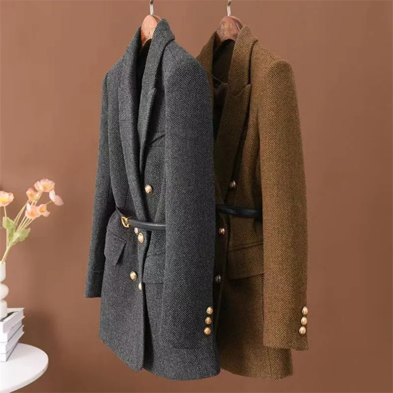 Vintage Elegant Female Wool Jacket 2025 New Temperament Double-Breasted Women Blazer Coat Autumn Winter Ladies Suit Tops Outerwe