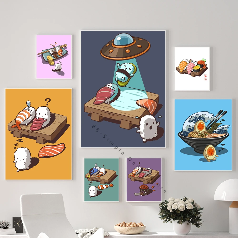 Sleepwalk Japanese Ramen Canvas Painting Romantic Sushi Cuddling Poster Print Funny Cartoon Wall Art Pictures Kitchen Room Decor