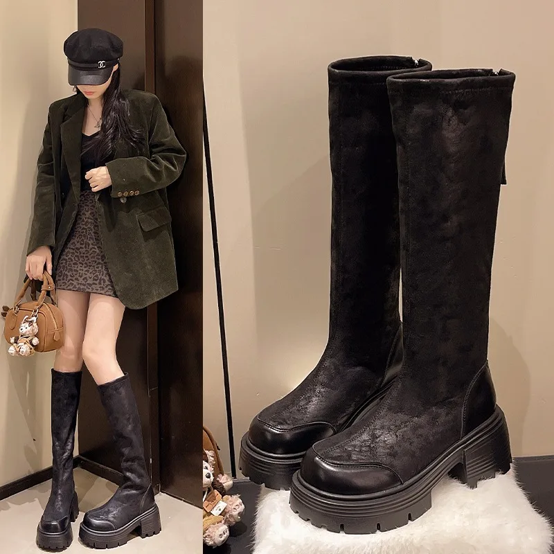 

Best Selling and Versatile Long Boots Women's Thick Heel Velvet Surface Elastic Boots Autumn Winter New Style High Slim Boots