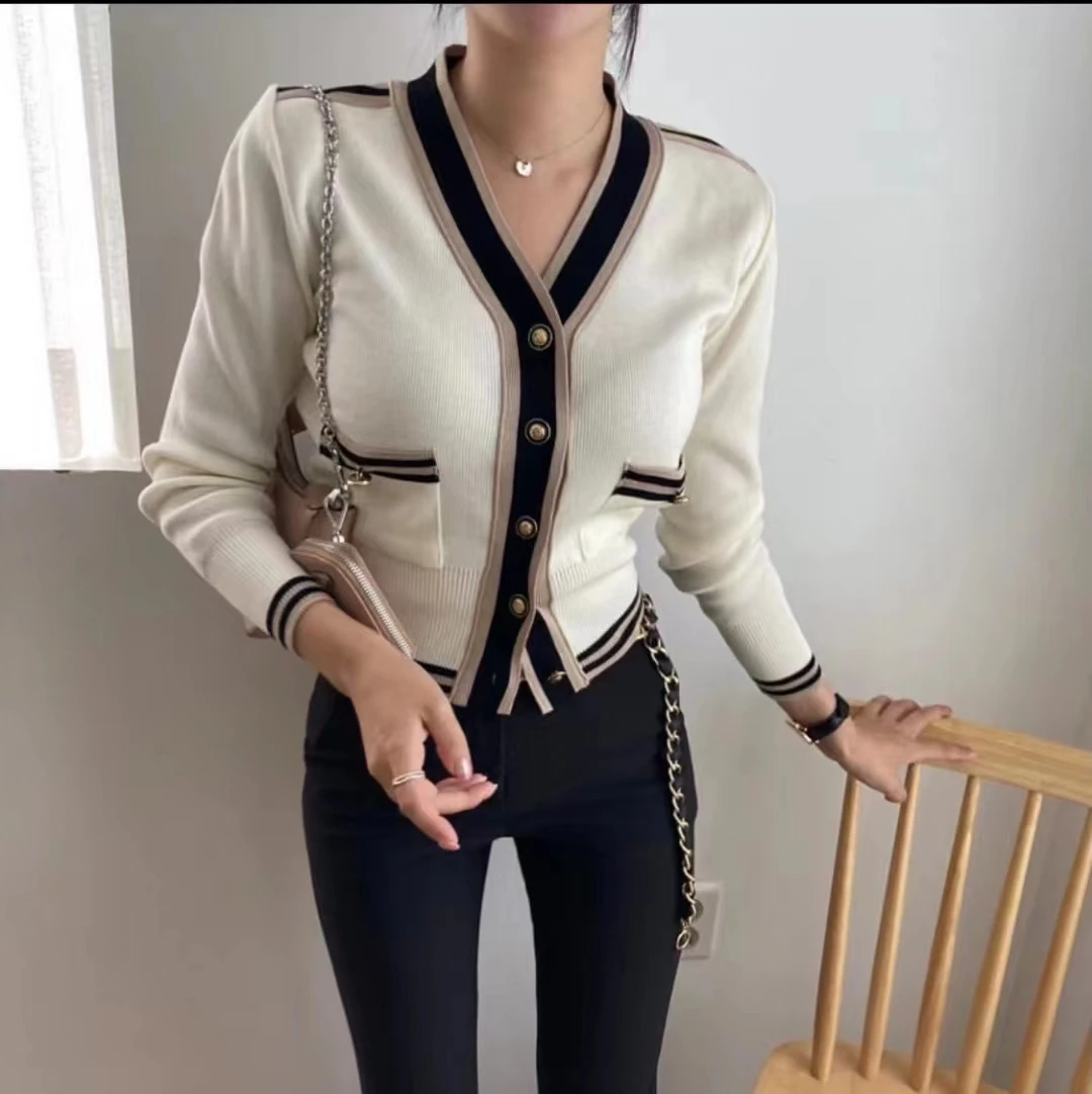 2023 New Fall Winter European Clothes Cardigan Knitted Sweater Chic Sexy Striped Button Up Women Long Sleeve Casual Tops 311003